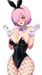  1girl animal_ears bangs bare_shoulders blush breasts cleavage eyebrows_visible_through_hair fake_animal_ears fate/grand_order fate_(series) fishnet_legwear fishnets gloves highres large_breasts leotard looking_at_viewer mash_kyrielight open_mouth pantyhose playboy_bunny purple_eyes purple_hair shooot108 short_hair solo strapless wrist_cuffs 