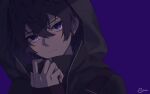  1boy adjusting_clothes black_hair blue_background blush earrings highres hood hood_up indie_virtual_youtuber jewelry long_sleeves looking_at_viewer male_focus purple_eyes short_hair shoto_(vtuber) tako_wieners virtual_youtuber 