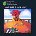  anthro beast_trash brown_body brown_fur capreoline card card_game cervid clothing fake_screenshot fur gaming hat headgear headwear hi_res horn humor male mammal meme one_piece playing_card reindeer smile tony_tony_chopper twitter uno 