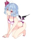  1girl ahoge all_fours barefoot bat_wings blue_hair blush bra breasts detached_wings fang full_body hair_between_eyes highres looking_at_viewer low_wings nail_polish no_hat no_headwear open_mouth panties paragasu_(parags112) parted_lips pointy_ears red_eyes red_nails remilia_scarlet short_hair simple_background small_breasts solo toenail_polish toenails touhou underwear underwear_only white_background wings 
