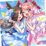  4girls agnes_digital_(umamusume) animal_ears brown_hair closed_eyes commentary_request dress glasses gloves haru_urara_(umamusume) horse_ears horse_girl horse_tail kingin looking_at_viewer multiple_girls one_eye_closed pink_hair rice_shower_(umamusume) tail tears umamusume wedding_dress zenno_rob_roy_(umamusume) 