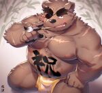  2022 anthro belly big_belly blush brown_body eye_patch eyewear gouki_(the_spicy_ninja_scrolls) hinami humanoid_hands kemono male mammal moobs nipples overweight overweight_male scar solo the_spicy_ninja_scrolls ursid 