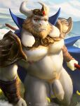  2022 anthro armor asgore_dreemurr balls barazoku beard belly big_muscles body_hair boss_monster bovid bracers cape caprine chest_hair clothing crown detailed_background drawller eyebrows facial_hair flaccid foreskin fur genitals goat grass happy_trail hi_res holding_object holding_pitchfork holding_tool horn huge_muscles humanoid_genitalia humanoid_penis looking_at_viewer male mammal melee_weapon musclegut muscular muscular_anthro muscular_male navel nipples nude outside pauldron pecs penis pitchfork plant pubes solo standing tools tuft unconvincing_armor undertale undertale_(series) video_games weapon 
