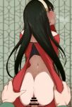  1boy 1girl ass back back_cutout bar_censor black_hair blush censored clothed_sex clothing_cutout cum doruka from_behind hairband hetero highres long_hair looking_at_viewer looking_back pov pov_hands red_eyes red_sweater sex sex_from_behind spy_x_family sweat sweater twilight_(spy_x_family) white_hairband yor_briar 