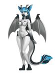  3_toes 4_fingers absurd_res anthro black_markings blue_eyes breasts chest_tuft dragon featureless_crotch feet female fingers fur hair hi_res horn markings nails navel neilenk nipples non-mammal_breasts simple_background solo toes tuft white_background white_body white_fur wings 