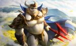  2022 anthro armor asgore_dreemurr barazoku beard belly big_muscles body_hair boss_monster bovid bracers cape caprine chest_hair clothing crown detailed_background drawller eyebrows facial_hair fur goat grass happy_trail hi_res holding_object holding_pitchfork holding_tool horn huge_muscles jockstrap looking_at_viewer male mammal melee_weapon musclegut muscular muscular_anthro muscular_male navel nipples outside pauldron pecs pitchfork plant pubes solo standing tools tuft unconvincing_armor undertale undertale_(series) underwear video_games weapon 