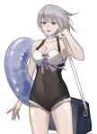  1girl alternate_costume arm_up bag bangs bare_shoulders breasts cleavage collarbone covered_navel english_commentary eyebrows_visible_through_hair feet_out_of_frame girls&#039;_frontline grey_hair highres holding holding_bag looking_at_viewer medium_breasts open_mouth purple_eyes rpk-16_(girls&#039;_frontline) sette212 short_hair solo standing swimsuit teeth upper_teeth wet white_background 