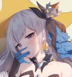  1girl asa_ni_haru bangs bare_shoulders blush bronya_zaychik bronya_zaychik_(herrscher_of_reason) commentary_request earrings gloves grey_eyes grey_hair hair_ornament honkai_(series) honkai_impact_3rd jewelry licking licking_finger long_hair open_mouth solo upper_body 