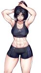  1girl abs absurdres apex_legends armpits arms_up black_hair blue_eyes breasts commentary cowboy_shot english_commentary hair_tie highres large_breasts looking_at_viewer muscular muscular_female navel nsfwolf shorts simple_background solo sports_bra white_background wraith_(apex_legends) 