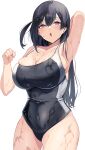  1girl :o absurdres alternate_breast_size alternate_costume arm_behind_head arm_up bangs black_hair black_swimsuit breasts cleavage clenched_teeth competition_swimsuit covered_navel cowboy_shot curvy grey_eyes hair_between_eyes hand_up highres large_breasts long_hair looking_at_viewer love_live! love_live!_nijigasaki_high_school_idol_club namazu_(yamasonson) one-piece_swimsuit open_mouth side_ponytail simple_background skindentation solo swimsuit teeth thighs wet white_background yuuki_setsuna_(love_live!) 