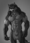  2022 5_fingers abs animal_genitalia anthro balls braided_fur canid canine canis claws einarr_(personalami) eye_scar facial_scar finger_claws fingers fully_sheathed fur genitals greyscale hi_res humanoid_hands jewelry male mammal monochrome muscular muscular_anthro muscular_male navel necklace necklace_only nipples nude pecs personalami scar sheath signature smile solo standing wolf 