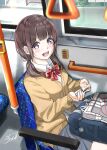  1girl :d absurdres bag bangs blue_skirt blush bow bowtie brown_cardigan brown_hair bus bus_interior cardigan commentary_request ground_vehicle hand_grip highres long_hair looking_at_viewer low_twintails motor_vehicle open_mouth original plaid plaid_scarf purple_eyes red_bow red_bowtie scarf school_bag school_uniform signature sitting skirt smile soragane_(banisinngurei) teeth twintails upper_teeth 