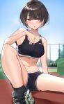  1girl :o absurdres bangs bare_shoulders blunt_bangs breasts brown_hair collarbone eyebrows_visible_through_hair hair_over_eyes highres kaku_yone looking_at_viewer medium_breasts midriff navel open_mouth original outdoors pink_eyes shoes short_hair short_shorts shorts sitting sky sneakers socks solo sports_bra spread_legs thighs track_and_field 
