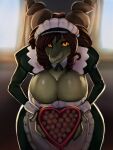  2022 anthro big_breasts box_of_chocolates breasts brown_hair candy chocolate cleavage clothed clothing dessert digital_media_(artwork) dragon female food general-irrelevant green_body green_scales hair hi_res holding_object horn looking_at_viewer maid_headdress maid_uniform matcha_green_tea_(general-irrelevant) scales scalie smile solo uniform yellow_eyes 