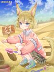  1girl :t animal_ears bangs blonde_hair blue_eyes blue_sky blush bucket closed_mouth cloud cloudy_sky collared_shirt copyright_request day desert dress_shirt eyebrows_visible_through_hair fox_ears fox_girl fox_tail frilled_shirt_collar frills green_footwear hair_between_eyes hair_ornament holding long_sleeves looking_at_viewer outdoors pink_shirt plaid plaid_skirt pleated_skirt pout puffy_long_sleeves puffy_sleeves purple_skirt ribbed_legwear sand sand_sculpture shirt shoes short_hair sign skirt sky sleeves_past_wrists socks solo squatting tail tears trowel v-shaped_eyebrows x_hair_ornament yuuki_rika 