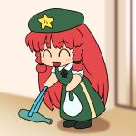  1girl :d bag bangs beret blush braid chibi closed_eyes commentary_request dress eyebrows_visible_through_hair full_body green_dress green_headwear happy hat hat_ornament holding holding_bag hong_meiling long_hair picking_trash red_hair shirosato side_braid smile solo star_(symbol) star_hat_ornament touhou twin_braids very_long_hair white_bag 