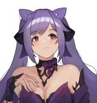  1girl absurdres bangs bare_shoulders black_ribbon blush bow breasts cleavage commentary cone_hair_bun detached_collar detached_sleeves dress eyebrows_visible_through_hair genshin_impact hair_bun hair_ribbon highres keqing_(genshin_impact) long_hair looking_at_viewer maril_zu pink_eyes purple_bow purple_hair ribbon simple_background small_breasts solo strapless strapless_dress twintails upper_body white_background 