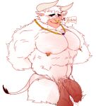  anthro asterion_(minotaur_hotel) balls blush bodily_fluids bovid bovine cum european_mythology facial_piercing foreskin fur genital_fluids genitals greek_mythology hands_behind_back hi_res jewelry leaking_cum looking_at_viewer male mammal minotaur minotaur_hotel muscular muscular_male mythology necklace nipple_piercing nipple_ring nipples nose_piercing nose_ring penis piercing solo toragoru vein veiny_penis white_body white_fur 