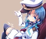  1girl admiral_(kancolle) admiral_(kancolle)_(cosplay) black_legwear blue_eyes blue_hair cosplay hat jacket kantai_collection long_hair low_twintails maiku military military_uniform naval_uniform peaked_cap ribbon sitting skirt sleeves_past_fingers sleeves_past_wrists solo suzukaze_(kancolle) thighhighs twintails uniform white_headwear white_jacket white_skirt 