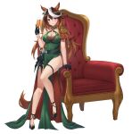  1girl animal_ears armchair bangs bare_legs belt black_footwear black_gloves breasts brown_hair chair cleavage cleavage_cutout clothing_cutout covered_navel cup dress drink drinking_glass epaulettes eyebrows_visible_through_hair full_body gloves green_dress high_heels highres holding holding_cup horse_ears horse_girl horse_tail horseshoe_ornament large_breasts light_brown_hair looking_at_viewer multicolored_hair parted_lips pelvic_curtain purple_eyes simple_background single_bare_shoulder smile solo streaked_hair symboli_rudolf_(umamusume) tail thigh_strap umamusume vococo white_background 