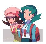  2girls :d alternate_color backpack bag bangs bow brown_eyes brown_hair cabbie_hat closed_mouth commentary_request cropped_jacket eyelashes green_hair green_headwear green_jacket hat hat_bow highres holding_strap jacket kris_(pokemon) long_hair looking_at_viewer lyra_(pokemon) multiple_girls open_mouth pink_headwear pink_shirt pokemon pokemon_(game) pokemon_masters_ex red_bag shirt smile tongue translation_request twintails tyako_089 undershirt yellow_overalls 