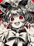  1girl :d animal_ears bangs blush bow bowtie cat_ears cat_girl chen commentary earrings eyebrows_visible_through_hair fang fingernails hat highres jewelry long_sleeves mob_cap one-hour_drawing_challenge paw_pose red_background red_eyes red_nails sharp_fingernails shirt short_hair single_earring smile solo touhou upper_body waramori_fuzuka wavy_mouth 