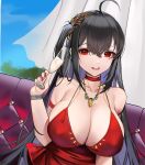  1girl ahoge alcohol azur_lane black_hair breasts champagne champagne_flute choker cocktail_dress covered_nipples cup dress drinking_glass dutch_angle evening_gown gold_necklace halter_dress halterneck highres huge_breasts indoors long_hair looking_at_viewer mimiim nail_polish official_alternate_costume red_choker red_dress red_eyes red_nails sitting solo taihou_(azur_lane) taihou_(forbidden_feast)_(azur_lane) very_long_hair 