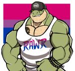  2022 absurd_res anthro baseball_cap big_muscles bisexual_pride_colors bracelet cheek_tuft claws clothed clothing darknaigart dinosaur english_text facial_hair facial_tuft hat headgear headwear hi_res huge_muscles jace_(darknaig) jewelry lgbt_pride looking_at_viewer male muscular muscular_anthro muscular_male pecs pride_color_background pride_color_clothing pride_color_tank_top pride_colors reptile scalie shirt simple_background smile smirk solo standing tank_top tattoo teeth text text_on_clothing text_on_shirt text_on_tank_top text_on_topwear theropod topwear tuft tyrannosaurid tyrannosaurus tyrannosaurus_rex white_background 