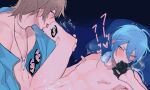  2boys 417_(i7-4i) bandaid bandaids_on_nipples bishounen black_gloves blue_eyes blue_hair blue_jacket blush crystal cum cum_on_body edmond_(nu_carnival) eiden_(nu_carnival) gloves highres implied_anal implied_sex inverted_nipples jacket jewelry light_blue_hair light_brown_hair low_ponytail lying male_focus multiple_boys navel necklace nipples nu_carnival nude on_back pasties pillow tongue tongue_out yaoi 