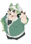  anthro bandanna belly canid canine canis chest_tuft domestic_dog eyebrows fur gesture green_body green_fur headphones headphones_around_neck kerchief kurotero lifewonders live-a-hero male mammal mokdai overweight pawpads solo thick_eyebrows tuft v_sign video_games 