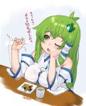  1girl ahoge bare_shoulders blush breasts cleavage collared_shirt cup dated detached_sleeves eyebrows_visible_through_hair frog_hair_ornament green_eyes green_hair hair_ornament highres japanese_clothes kei_jiei kochiya_sanae large_breasts long_hair miko nipples nontraditional_miko one_eye_closed sexually_suggestive shirt simple_background skirt snake_hair_ornament solo table touhou white_background white_shirt 