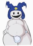  atlus belly bulge clothing demon hand_on_hip hat headgear headwear humanoid imp jack_frost_(megami_tensei) locitony looking_at_viewer male megami_tensei moobs navel not_furry overweight overweight_humanoid overweight_male simple_background smile solo teeth video_games white_background white_body 