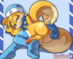  anthro balls blue_eyes blush bodily_fluids butt canid canine clothing disembodied_penis duo fox fur genitals hat headgear headwear legwear male male/male mammal miles_prower mostly_nude neck_bow penis penis_on_butt sailor_hat sega senshion simple_background smile smiling_at_viewer sonic_the_hedgehog_(series) sweat thigh_highs video_games yellow_body yellow_fur 