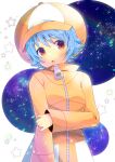  1girl :o androgynous blue_hair blush galaxy hat indie_virtual_youtuber jacket kou_hiyoyo looking_to_the_side open_mouth orange_eyes orange_jacket short_hair solo virtual_youtuber white_background zipper zipper_(vtuber) 