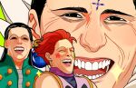  3boys black_eyes black_hair chrollo_lucilfer close-up earrings facepaint hisoka_morow hunter_x_hunter illumi_zoldyck jewelry kilva_lollop laughing laughing_tom_cruise long_hair male_focus multiple_boys open_clothes red_hair short_hair sparkle squinting yellow_eyes 