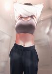  1girl black_pants blurry blurry_background breasts brown_hair commentary_request cowboy_shot grey_sports_bra highres medium_breasts midriff navel original pants shirt sigmart03 solo sports_bra sweatpants translation_request white_shirt 