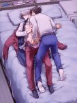  2boys ace_attorney bed black_hair chizuma grey_hair holding_hands male_focus male_underwear miles_edgeworth multiple_boys phoenix_wright sex_toy spiked_hair underwear undressing_another yaoi 