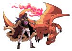  1boy absurdres argyle baseball_cap blue_eyes cape champion_uniform charizard claws closed_mouth commentary dark-skinned_male dark_skin dynamax_band facial_hair fangs fangs_out fire flame-tipped_tail fur-trimmed_cape fur_trim gloves hand_on_hip hat highres leggings legs_apart leon_(pokemon) long_hair looking_at_viewer male_focus outstretched_arm pokemon pokemon_(creature) pokemon_(game) pokemon_swsh purple_hair red_cape redlhzz shield_print shirt short_shorts short_sleeves shorts single_glove smile standing sword_print white_legwear white_shorts yellow_eyes 