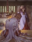  2girls absurdly_long_hair arm_up bow brown_hair expressionless facing_away fingernails fujiwara_no_mokou highres imaizumi_kagerou indoors jar long_fingernails long_hair multiple_girls red_eyes shelf shinburu touhou tree very_long_hair white_hair window 