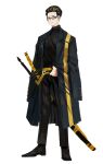  1boy black_coat black_eyes black_footwear black_hair black_pants black_shirt coat coat_on_shoulders glasses highres holding_belt katana multicolored_hair official_art pants project_moon sheath sheathed shirt short_hair sword the_distortion_detective vespa_(the_distortion_detective) weapon yellow_belt 