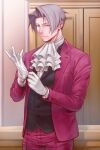  1boy ace_attorney ascot chizuma formal gloves grey_eyes grey_hair indoors jacket long_sleeves male_focus miles_edgeworth putting_on_gloves red_jacket solo vest 