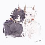  2boys absurdres animal animal_ears arknights black_hair black_jacket character_request dated ebenholz_(arknights) goat goat_ears highres holding holding_animal horns jacket long_hair looking_at_viewer multiple_boys purple_eyes simple_background upper_body white_background white_hair white_jacket wujinxia 