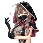  1girl bdsm black_capelet black_gloves braid breasts brown_eyes brown_hair capelet commentary_request dominatrix gloves hood hood_up hooded_capelet kantai_collection large_breasts long_hair looking_at_viewer mask mouth_mask shinshuu_maru_(kancolle) simple_background solo tk8d32 twin_braids upper_body white_background 