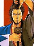  1boy brown_eyes commentary_request japanese_clothes jidaigeki katana kimono kiryuu_kazuma looking_at_viewer male_focus medium_hair miyamoto_musashi_(kenzan) one_eye_closed otamot outside_border red_background ryuu_ga_gotoku ryuu_ga_gotoku_isshin ryuu_ga_gotoku_kenzan sakamoto_ryoma_(isshin) samurai sheath spiked_hair split sword unsheathing upper_body weapon white_background 