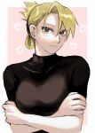  1girl arms_under_breasts bangs black_shirt blonde_hair blush border breasts brown_eyes commentary_request covered_collarbone crossed_arms earrings fullmetal_alchemist heart highres jewelry large_breasts lips looking_at_viewer nose outside_border ozaki_(tsukiko3) pink_background riza_hawkeye shirt smile solo swept_bangs upper_body white_border 