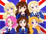  6+girls alternate_hairstyle assam_(girls_und_panzer) black_necktie black_tea blonde_hair blue_hair brown_eyes commentary commentary_request cup darjeeling_(girls_und_panzer) emblem flag_background girls_und_panzer glasses hair_down holding holding_cup kokophama long_hair multiple_girls necktie nilgiri_(girls_und_panzer) orange_pekoe_(girls_und_panzer) pink_eyes rosehip_(girls_und_panzer) rukuriri_(girls_und_panzer) school_uniform short_sleeves st._gloriana&#039;s_(emblem) st._gloriana&#039;s_school_uniform tea teacup translation_request twitter_username union_jack 