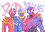  3boys android antennae asymmetrical_armor blue_armor blue_eyes bodysuit creator_connection ditienan_ddn hand_on_another&#039;s_shoulder heterochromia jinzou_ningen_kikaider kamen_rider kamen_rider_build kamen_rider_build_(series) kamen_rider_double kamen_rider_w kikaider kikaider_(series) multiple_boys rabbit+tank_form red_armor red_eyes ribbed_bodysuit smile tokusatsu trait_connection white_background yellow_eyes 