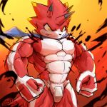  abs absurd_res angry anthro bandai_namco betelgammamon codpiece digimon digimon_ghost_game fist flexing glare hi_res horn male muscular muscular_anthro muscular_male pecs red_body scarf solo waddledox yellow_eyes 