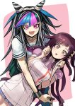  2girls :o absurdres apron bandages bangs black_hair black_nails black_sailor_collar black_skirt blue_hair blush border breasts brown_eyes danganronpa_(series) danganronpa_2:_goodbye_despair eyebrows_visible_through_hair grey_border hair_horns highres holding holding_plectrum long_hair looking_at_viewer miniskirt mioda_ibuki mole mole_under_eye multicolored_hair multiple_girls nail_polish open_mouth piercing pink_background pink_eyes pink_hair pink_shirt pleated_skirt plectrum puffy_short_sleeves puffy_sleeves sailor_collar scrunchie shiny shiny_hair shirt short_sleeves skirt tsumiki_mikan white_hair wrist_scrunchie youko-shima 