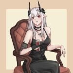  1girl :d absurdres arknights bangs bare_shoulders black_choker black_dress breasts brown_background chair choker cleavage collarbone detached_sleeves dress feet_out_of_frame highres horns jewelry long_hair looking_at_viewer medium_breasts mudrock_(arknights) mudrock_(obsidian)_(arknights) necklace nitric_acid_(nitrate2002) official_alternate_costume open_mouth pointy_ears red_eyes short_sleeves sidelocks sitting smile solo white_hair 